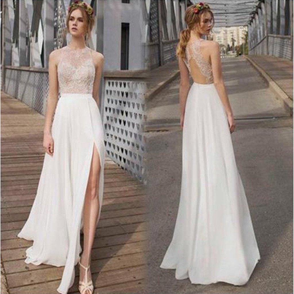 Glitter Backless Appliqued White Prom Dress with Slit – Dreamdressy